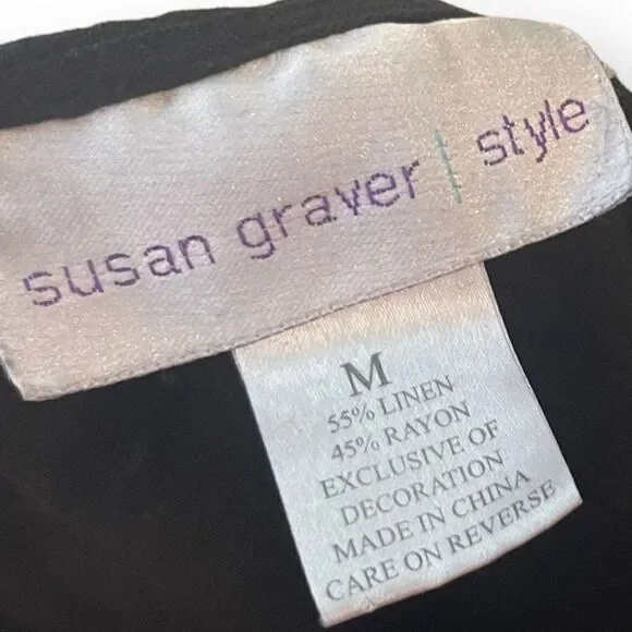 Susan Graver Style Embroidered Blouse Top Women's Medium Black Linen Blend Boho - Picture 5 of 7